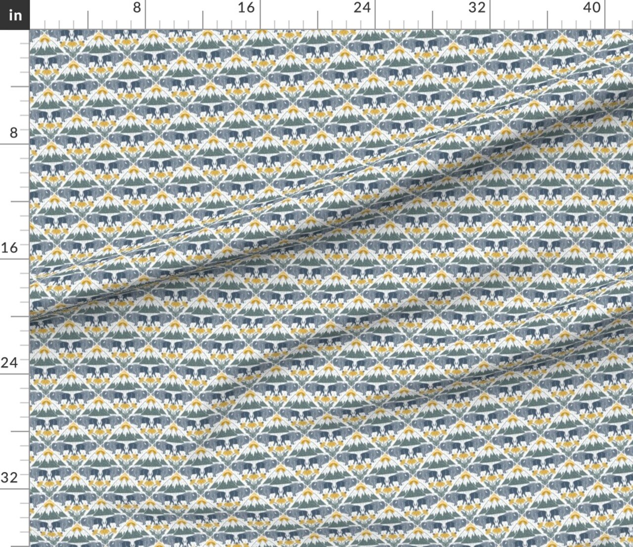 Bison Western Floral Blue Yellow Mountains Prairie National Parks Wildflower Lattice Custom Printed Fabric by Spoonflower Various Fabrics by the Yard or Fat Quarter